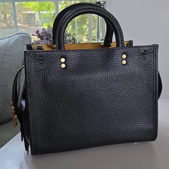 COACH Rogue 25 Black Tea Rose Leather Crossbody Bag - Picture 6 of 16